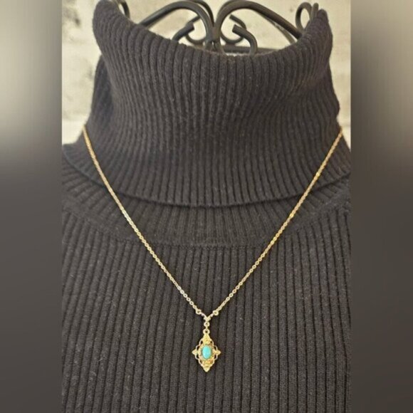 1928 Jewelry - 1928 Vintage Inspired Gold Tone and Turquoise Pendant and Chain.